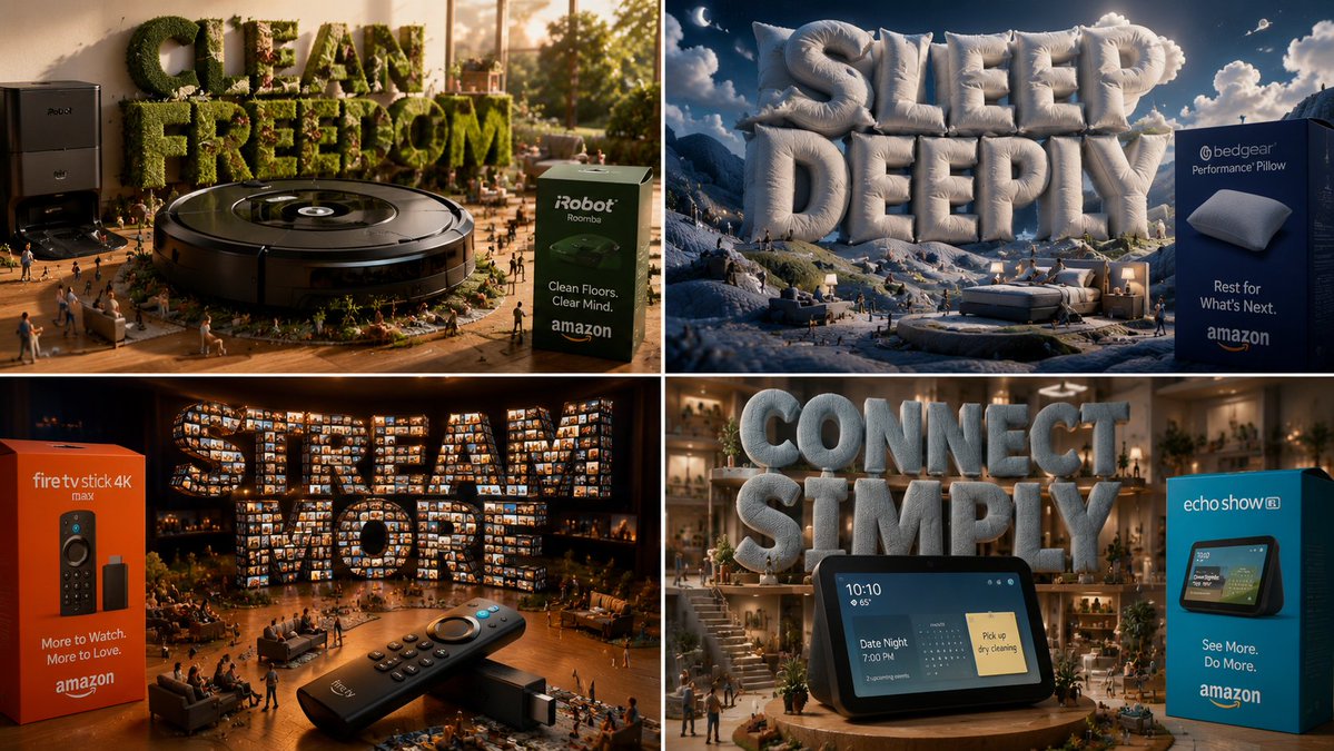 A surreal grid of four Amazon home products in a fantasy landscape