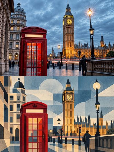 Split editorial poster pairs landmark photo with geometric echo below.