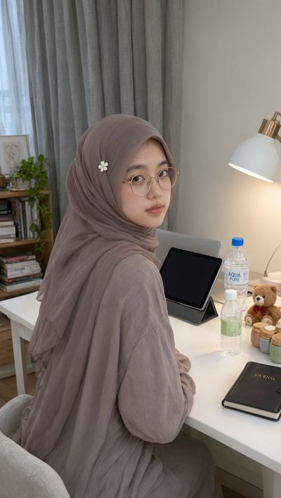 Young woman in taupe hijab glances back softly in study
