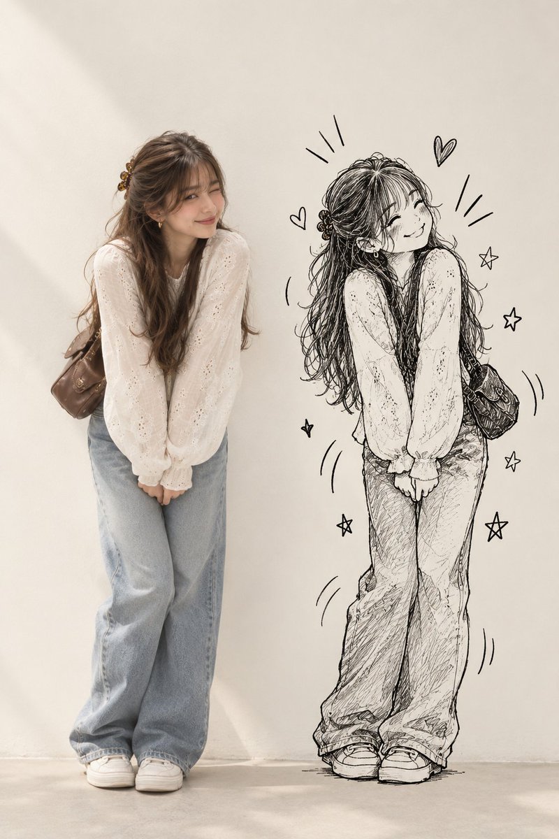 Playful portrait with doodle shadow mimics exaggerated pose