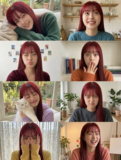 A red-haired woman shows eight candid moods in cozy sweaters.
