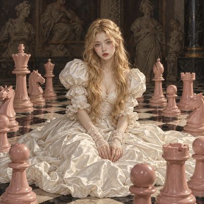 Surreal Portrait of a Young Woman Amidst Chess Pieces