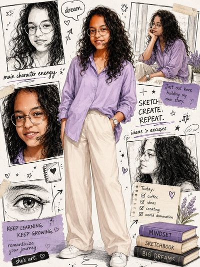 A woman in lavender stands confidently on a sketchbook page