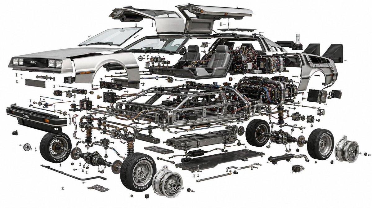 A vintage sports car floats with all parts separated neatly.