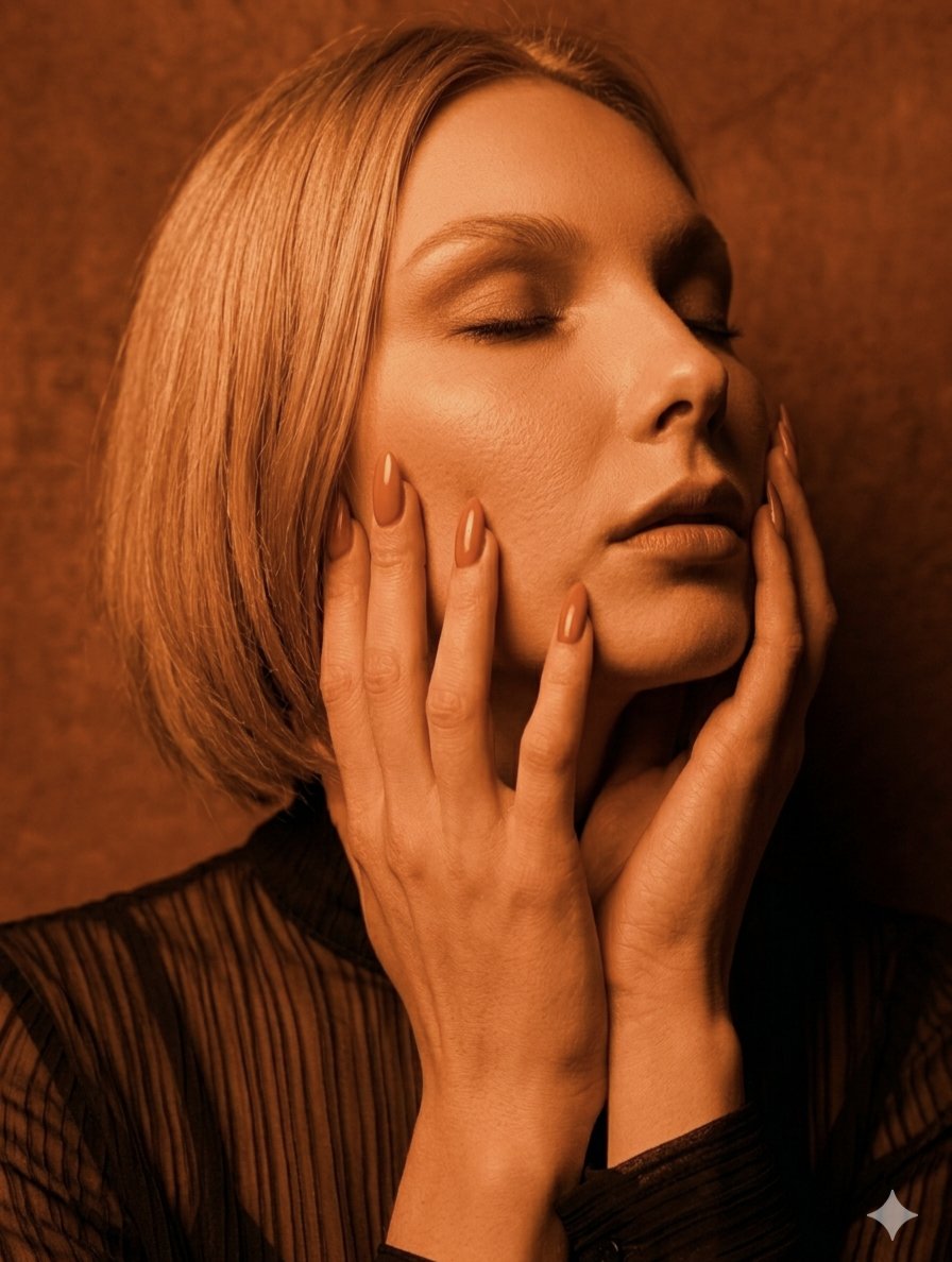 Woman's closed eyes framed by hands in amber light