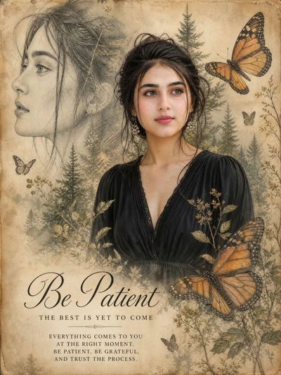Serene woman in black dress stands amid vintage botanical butterflies