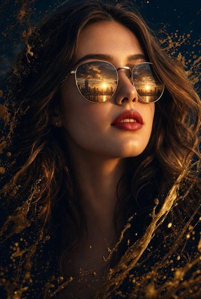 A woman with red lips wears sunglasses reflecting a sunset cityscape