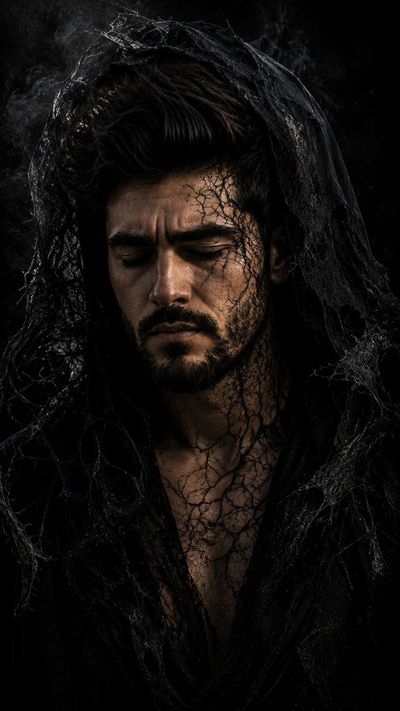 A grief-stricken man in tattered lace hood suppresses inner torment.
