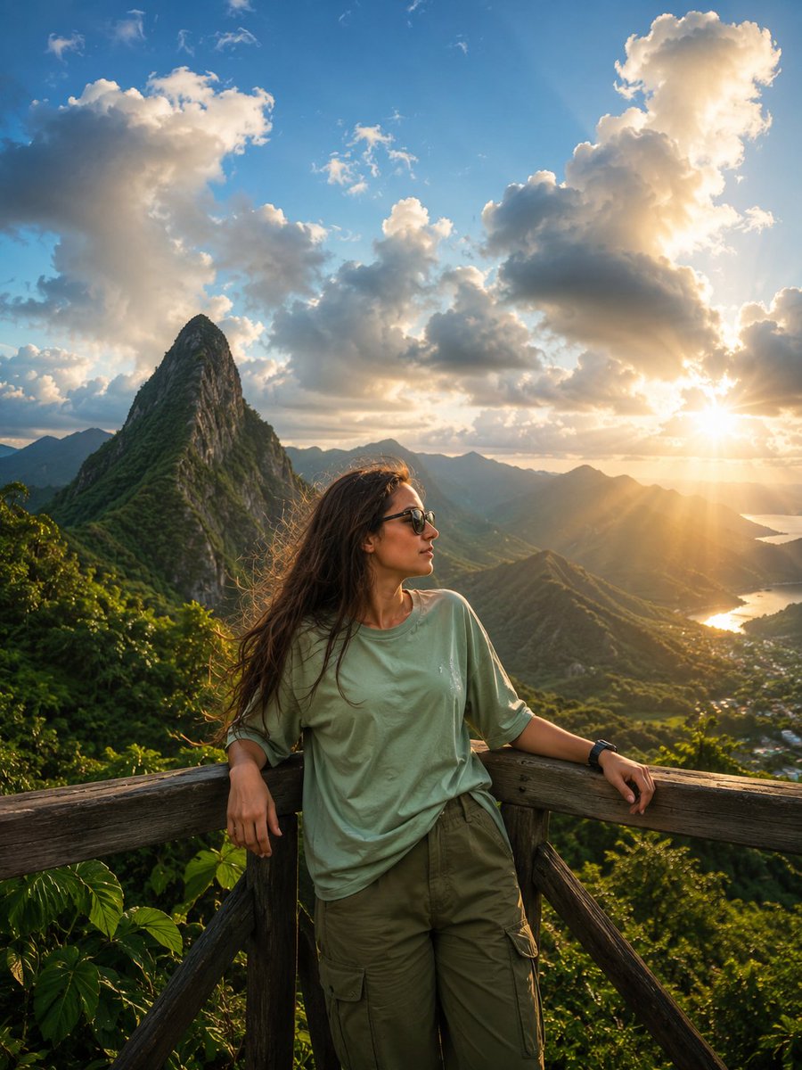 A young man gazes over lush tropical valley at golden hour