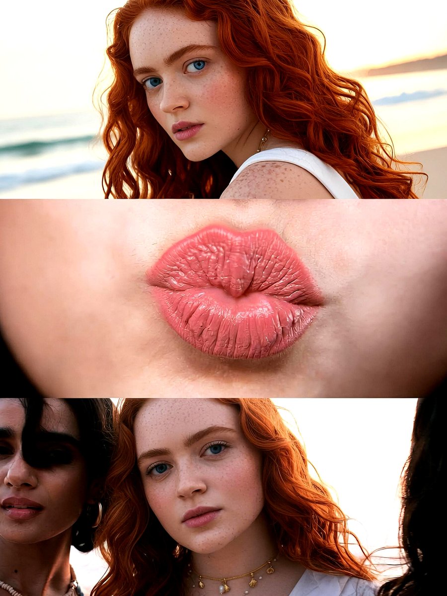 A woman with red hair looks over her shoulder at sunset
