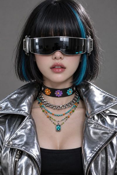 A cyberpunk woman with a sleek black bob and glowing visor stares forward