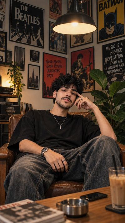 Young man in vintage armchair with music posters and iced coffee
