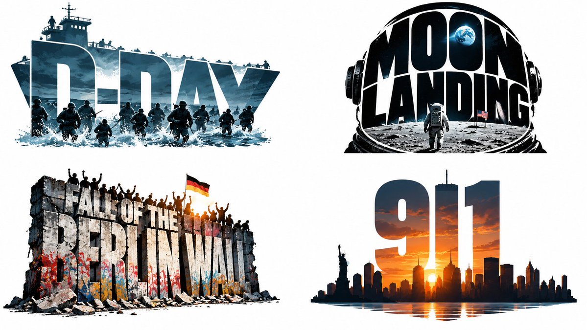 Four historic days rendered as envelope-distorted typographic art pieces