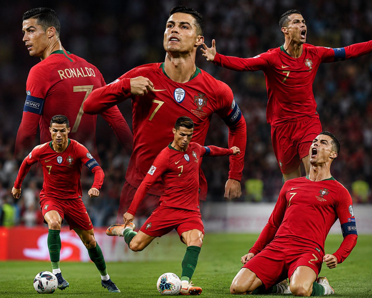 Cristiano Ronaldo dominates the pitch in a dramatic sports collage