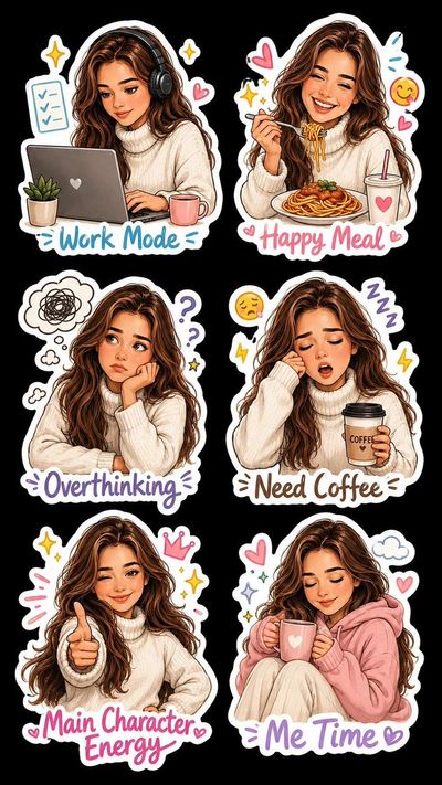 Vibrant Pixar-style sticker sheet shows six moods of a person