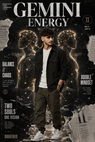 A South Asian man poses with glowing Gemini twins in a dark poster.