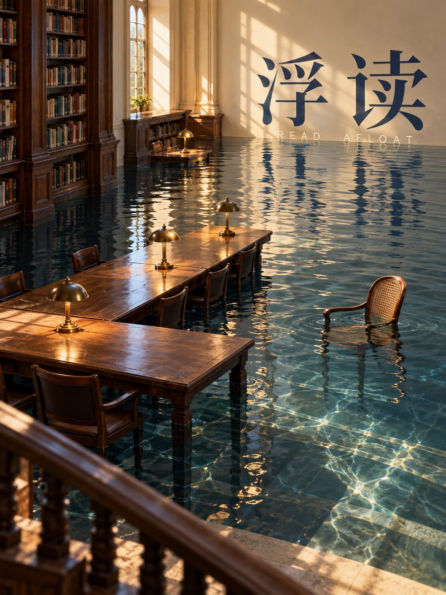 Surreal subway waiting room flooded with calm water and a red paper boat