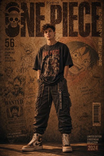 A stylish young man poses before a giant One Piece magazine cover.