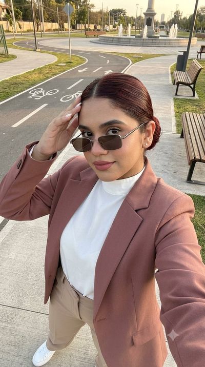 A woman in sunglasses adjusts her hair in a sunny park