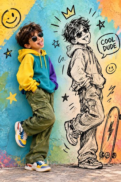 Stylish Boy Poses Against Graffiti Wall With Sketch Double