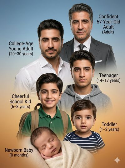 A handsome man progresses through six life stages in a vertical composite