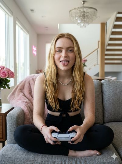 Young woman on sofa sticks out tongue while gaming