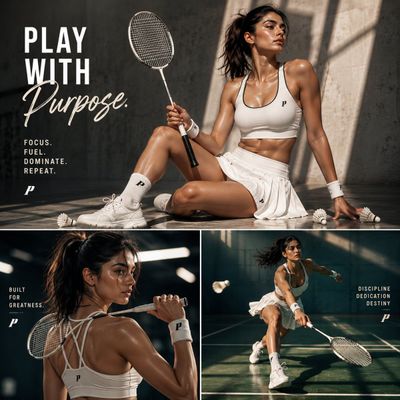 Elite badminton athlete poses confidently in dramatic arena lighting