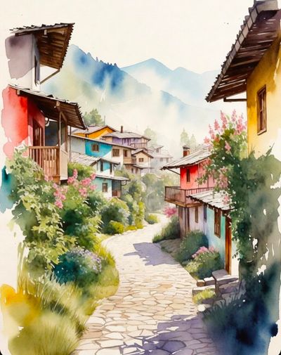 Golden dawn breaks over a misty mountain village path