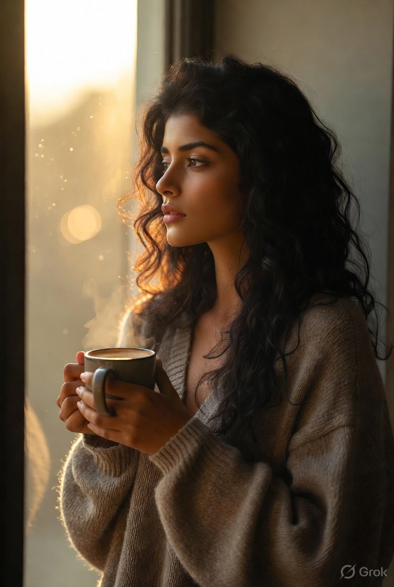 An Indian woman holds a coffee mug by a sunlit window