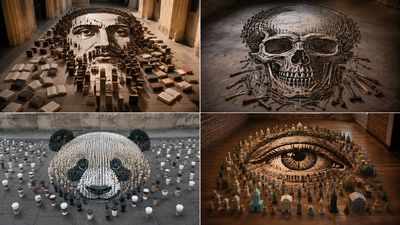 Shattered mirror pieces form a hidden crying face on the floor