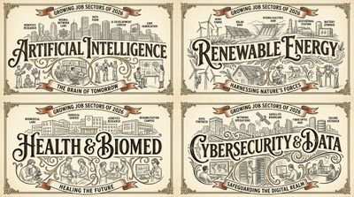 Vintage line art grid maps four booming 2026 job sectors