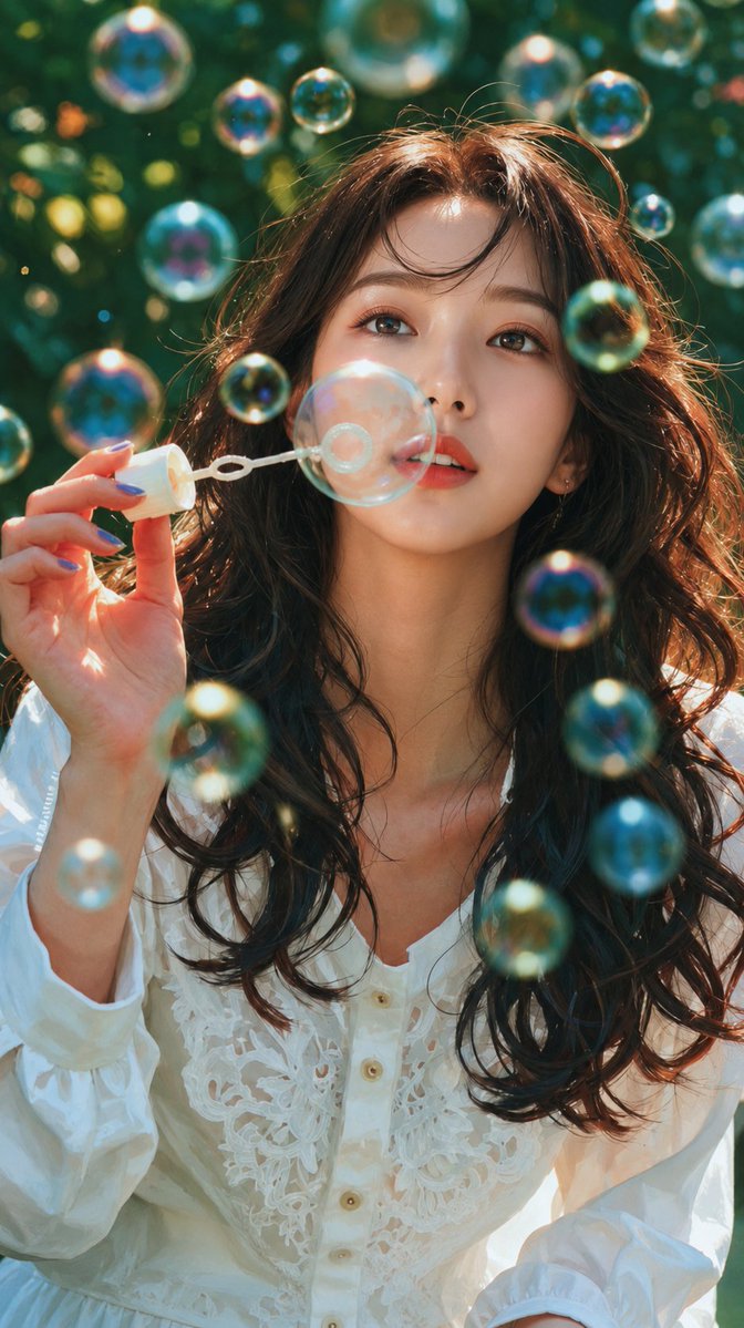 East Asian woman blows iridescent bubbles in sunlit garden at golden hour