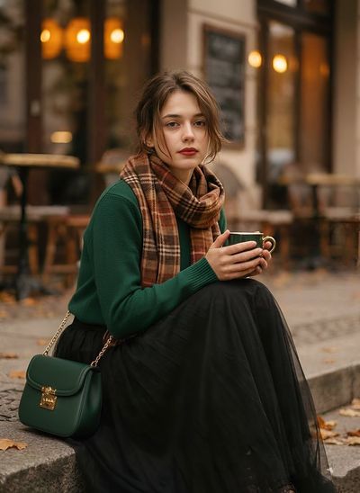 A woman in forest green knit sits at a vintage cafe