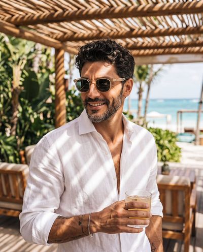 Crisp linen shirt pairs with champagne Wayfarers in tropical sunlight.