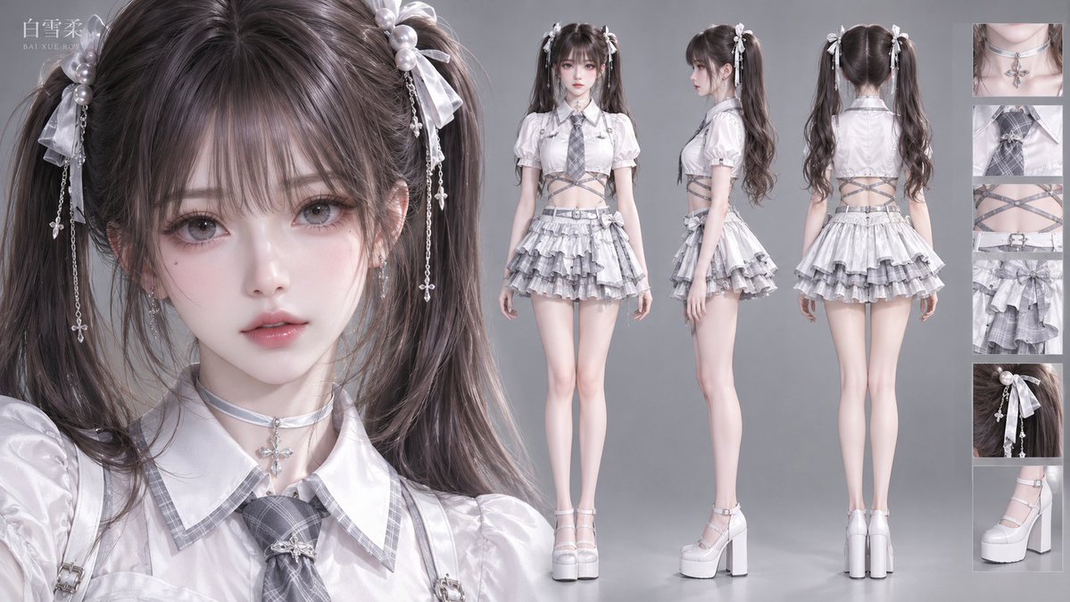 Silver-Grey Academic Fashion Character Sheet with Three Full-Body Views