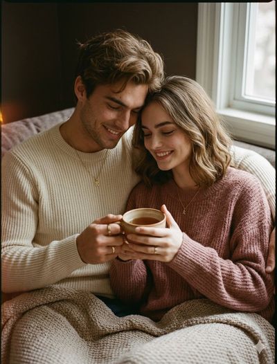 A couple shares a warm tea snuggled on a cozy sofa