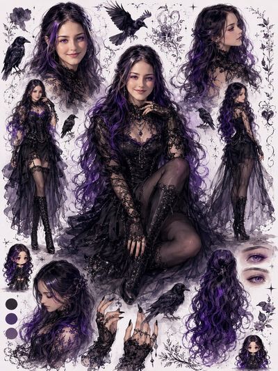 Elegant gothic fantasy character sheet with raven-haired woman in multiple poses
