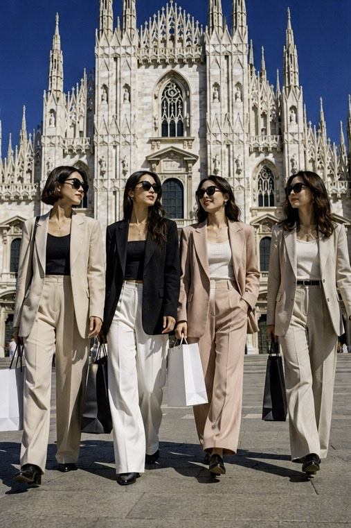 Four Japanese women cross a sunlit piazza with shopping bags