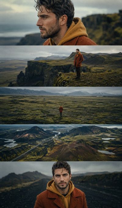 Young explorer contemplates Icelandic cliffs in moody arthouse film still