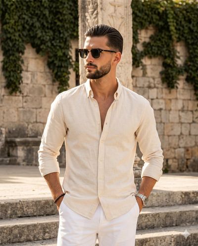 Confident model in linen shirt poses on sunlit stone steps