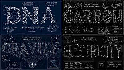 Carbon letters built from hexagonal benzene rings glow on blueprint