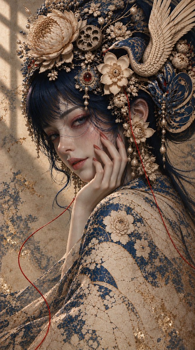 Porcelain-skinned East Asian woman with ancient headdress and sorrowful gaze