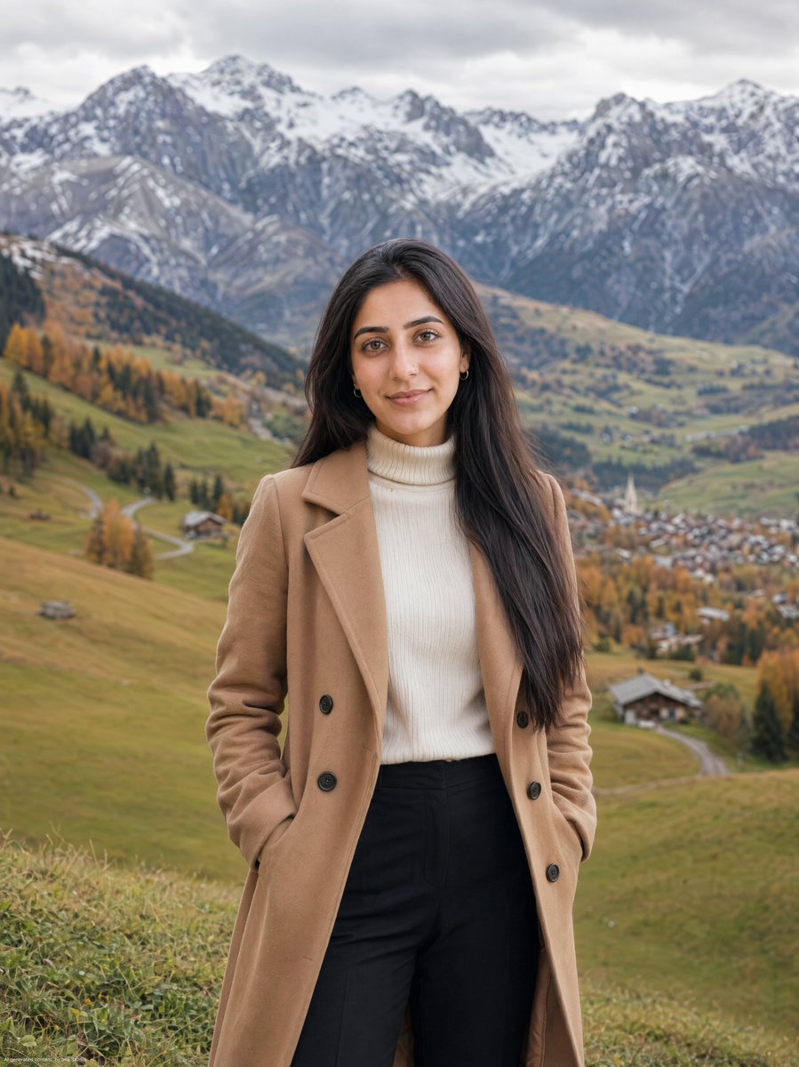 Woman in camel coat stands on alpine meadow under cloudy sky.