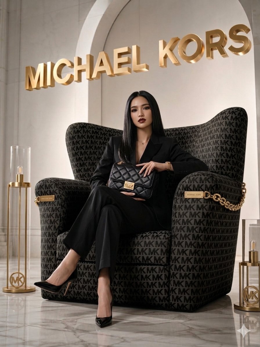 A confident woman in a black pantsuit poses in a monogrammed armchair