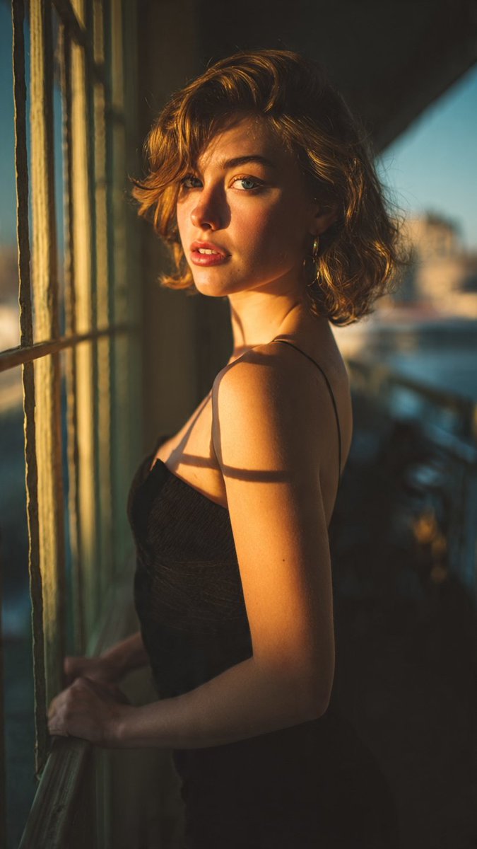 Golden hour sunlight caresses her cheek as she glances back