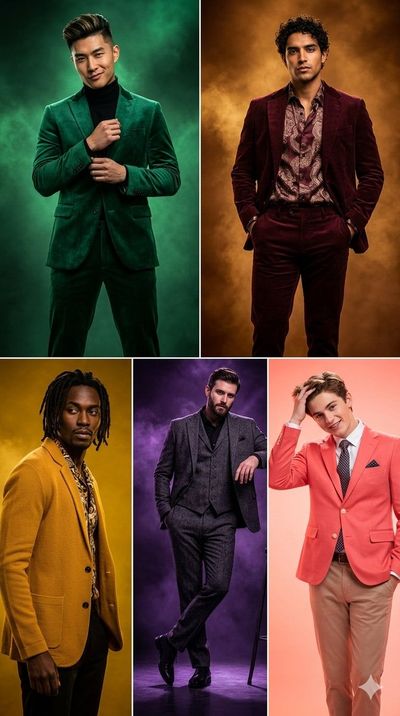 Five stylish male models in vibrant suits against smoky backgrounds