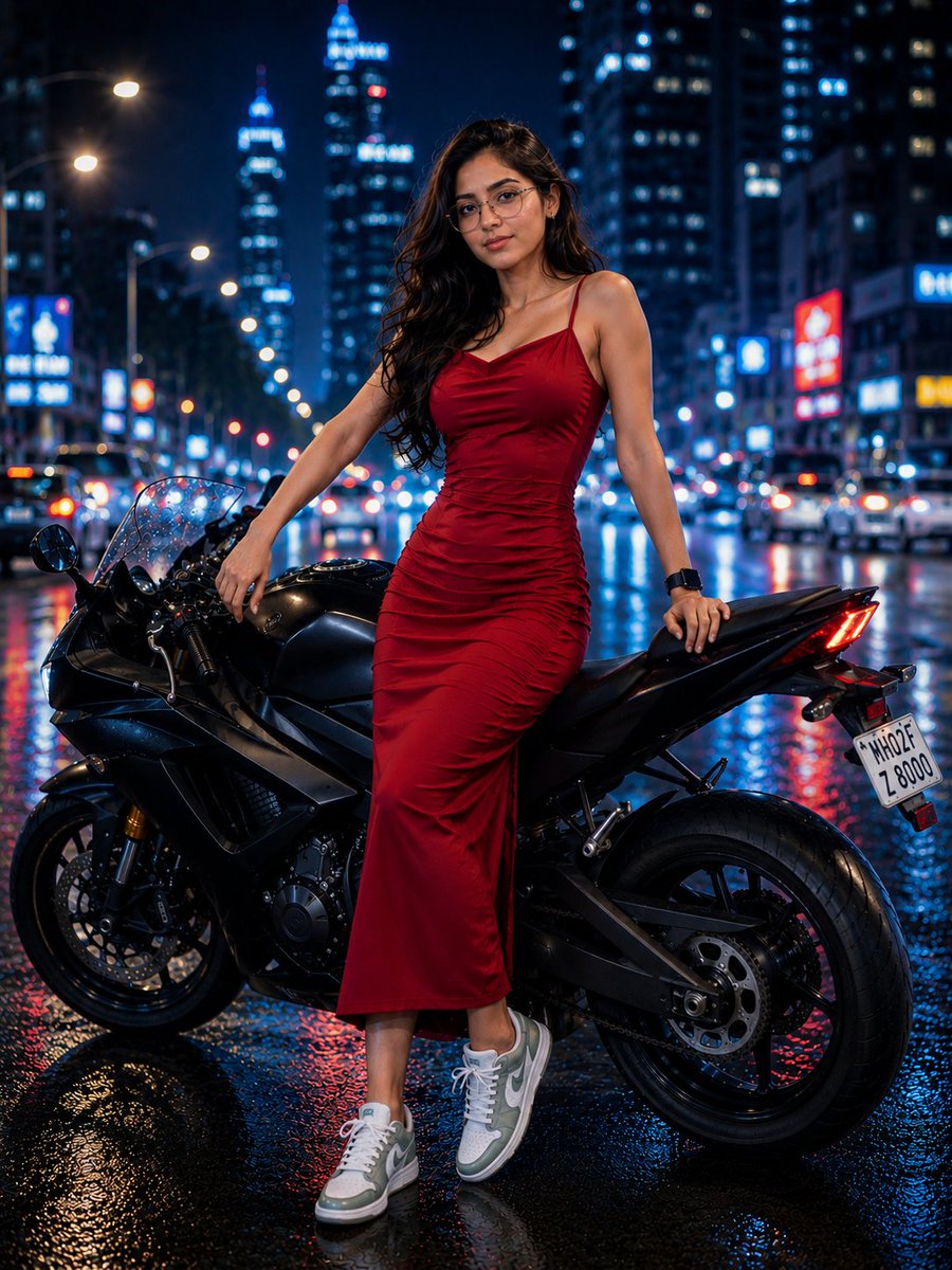 Dark-haired woman in red dress leans on motorcycle at night