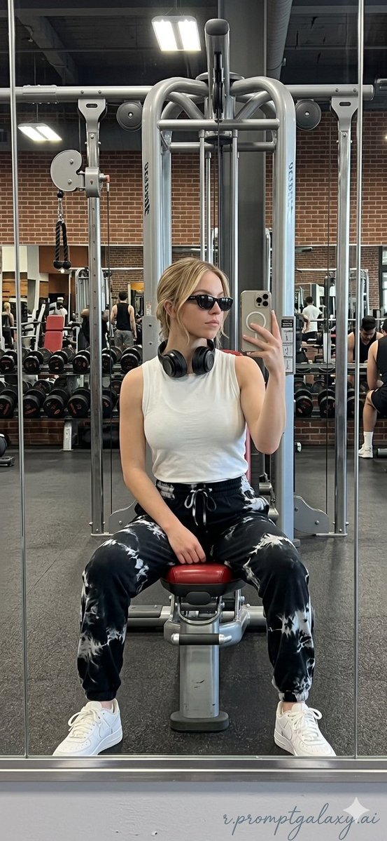 Focused athlete captures mirror selfie after intense gym session