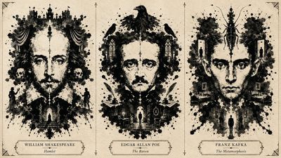 Three literary giants emerge from inkblots in symmetrical portraits
