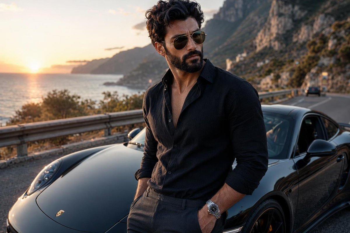 Bearded man in black linen stands by luxury sports car at sunset